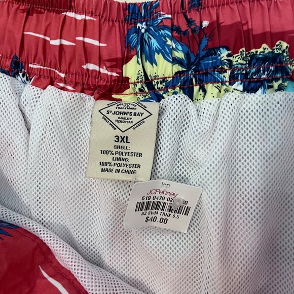 St Johns Bay Mens Hawaiian Print Swim Trunks 3XL Pink Tropical Polyester - Picture 2 of 14